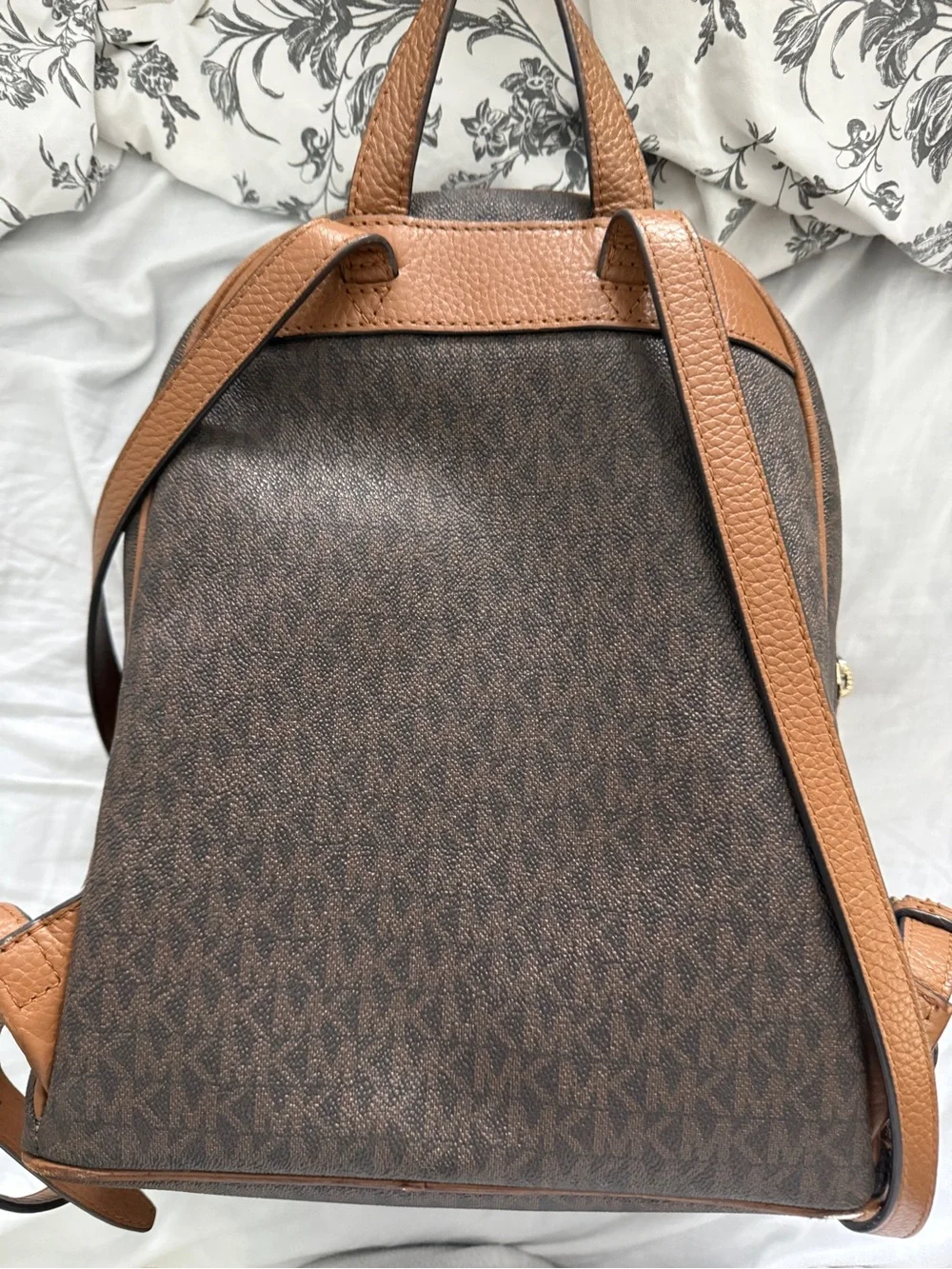 Michael Kors Brown MK Logo Dome Backpack with Tan Trim.